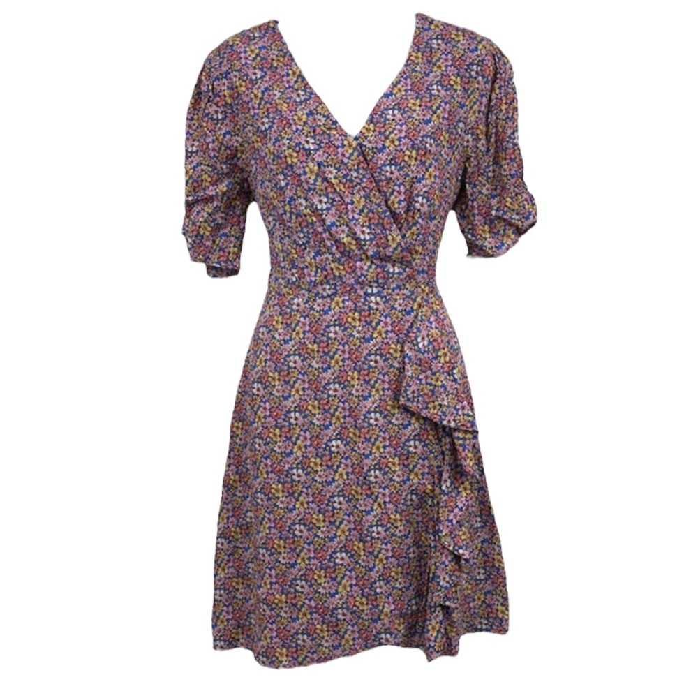 Lush Floral Blue Ditsy Dress Small Surplice V-Neck Ruffled Short Sleeve Dress